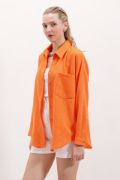 20153 Tek Cepli Oversize Keten Gömlek - Oranje resmi
